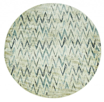 8' Ivory And Blue Chevron Round Rug