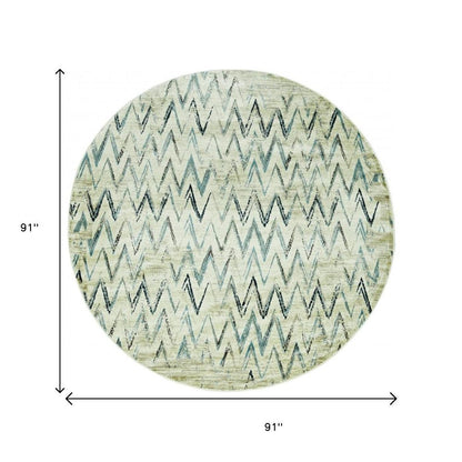8' Ivory And Blue Chevron Round Rug