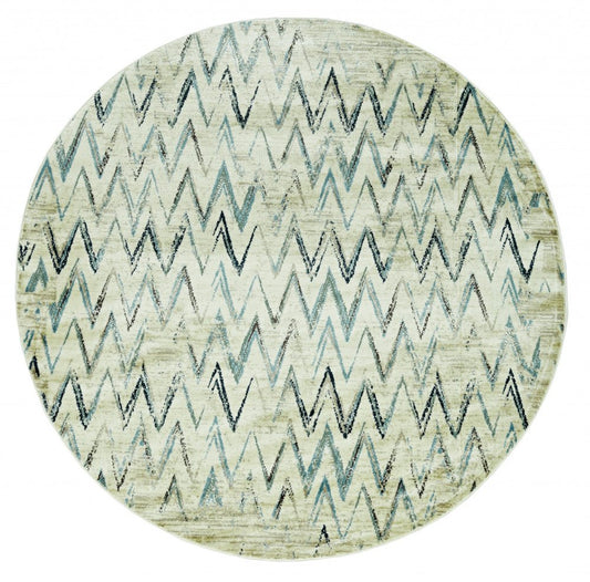 8' Ivory And Blue Chevron Round Rug