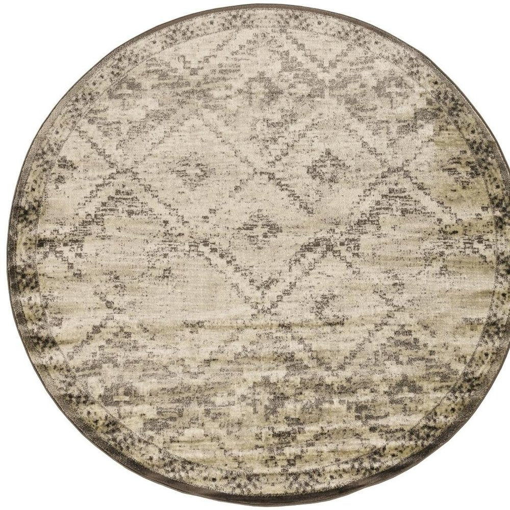 8' Gray And Brown Abstract Round Rug