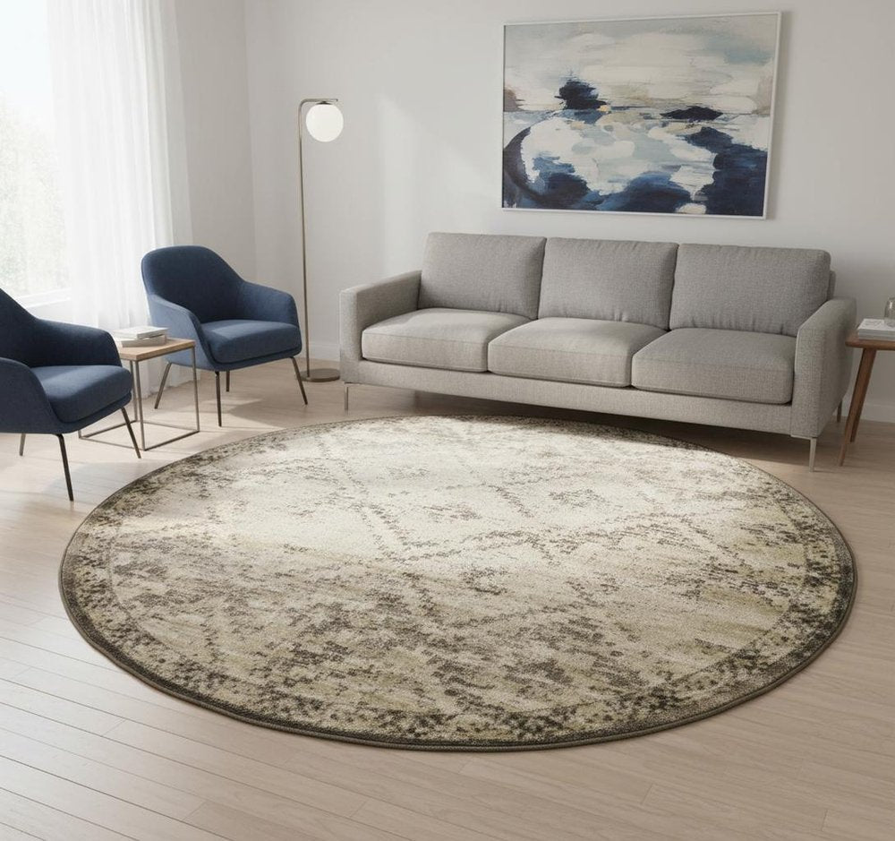 8' Gray And Brown Abstract Round Rug