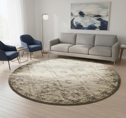 8' Gray And Brown Abstract Round Rug