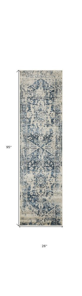 8' Ivory And Blue Oriental Runner Rug