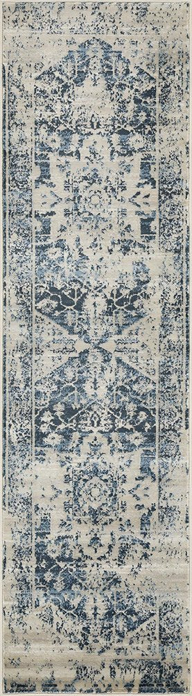 8' Ivory And Blue Oriental Runner Rug