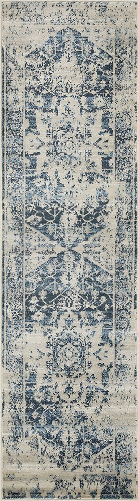 8' Ivory And Blue Oriental Runner Rug