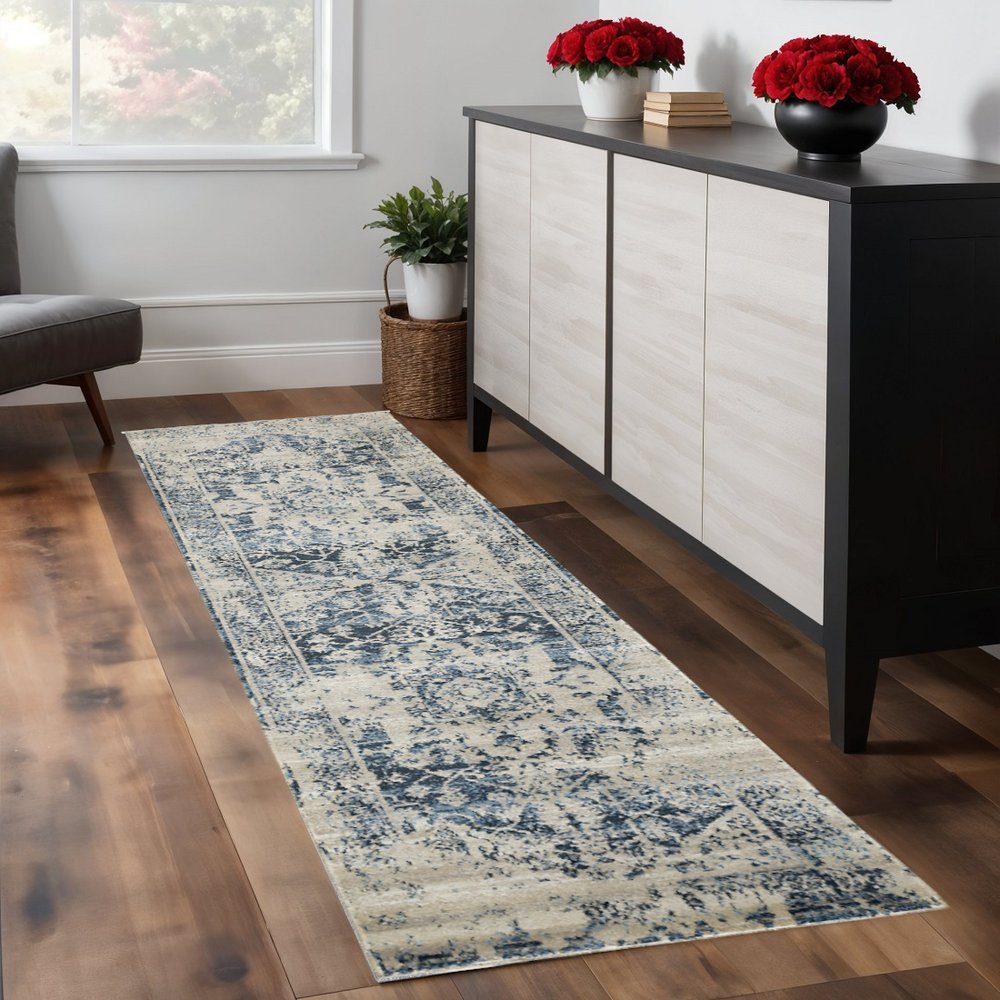8' Ivory And Blue Oriental Runner Rug