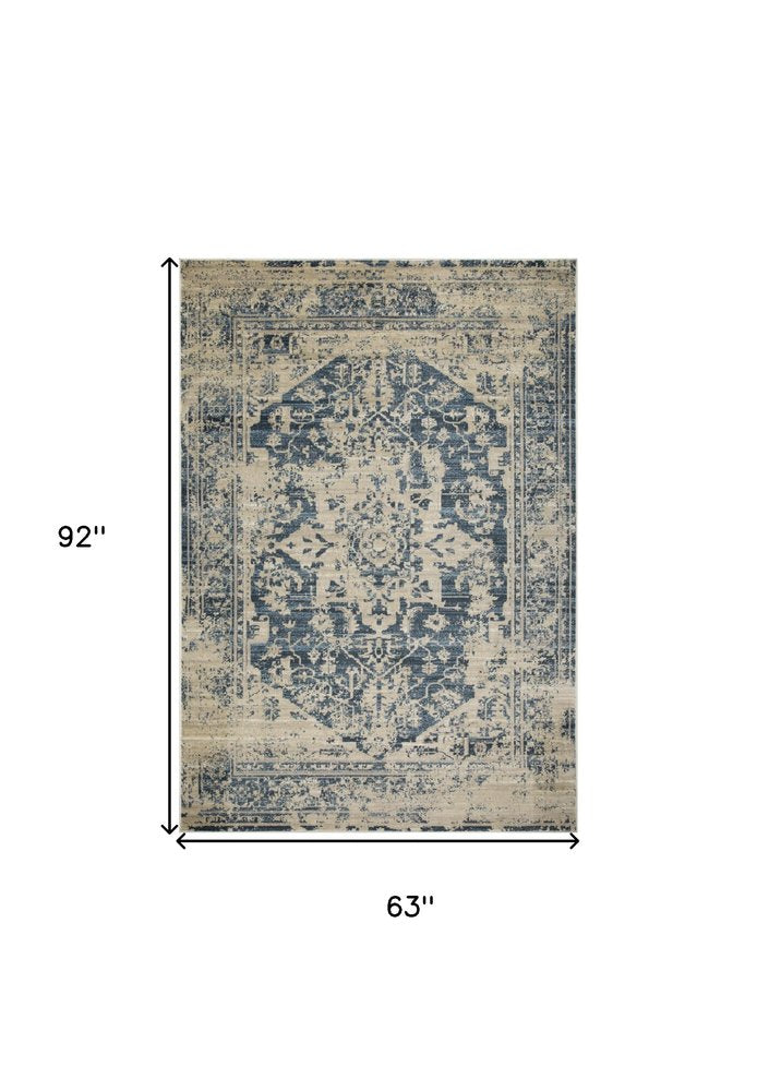 5' X 8' Ivory And Blue Oriental Area Rug