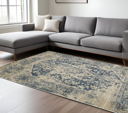 5' X 8' Ivory And Blue Oriental Area Rug