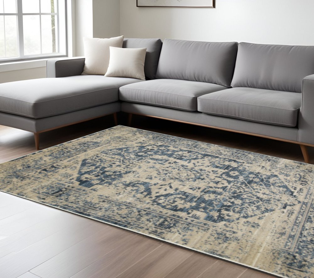 8' X 11' Ivory And Blue Oriental Area Rug