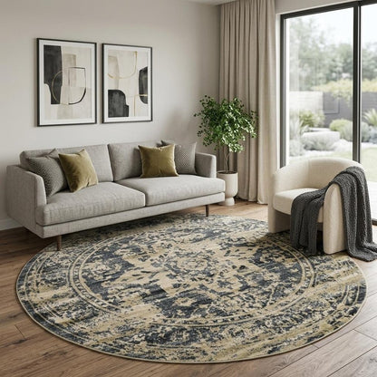 8' Ivory And Blue Oriental Distressed Round Rug