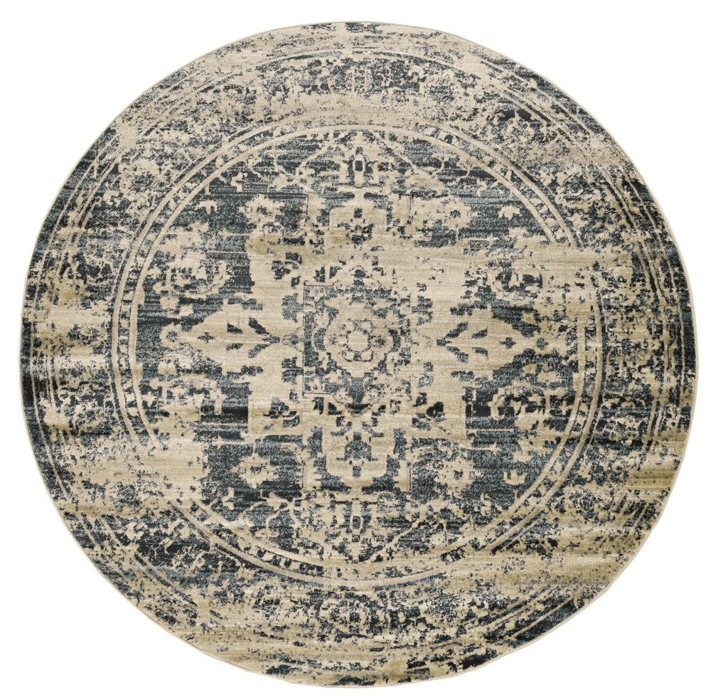 8' Ivory And Blue Oriental Distressed Round Rug