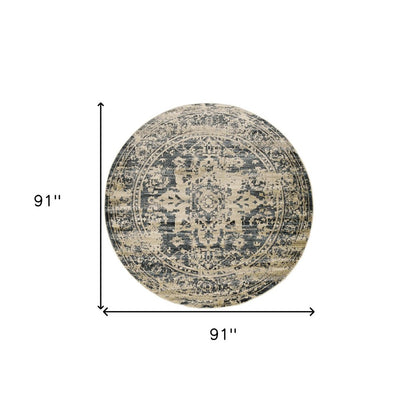 8' Ivory And Blue Oriental Distressed Round Rug