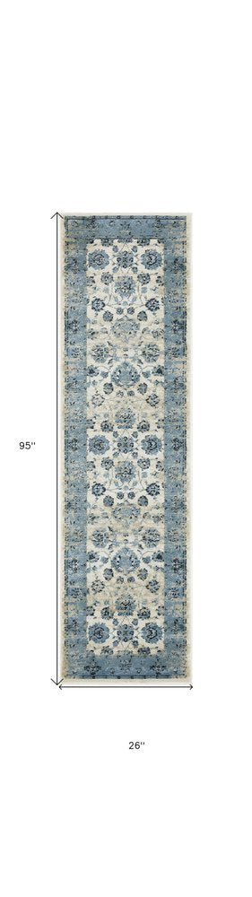 8' Ivory And Sky Blue Oriental Runner Rug