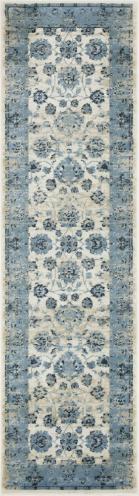 8' Ivory And Sky Blue Oriental Runner Rug