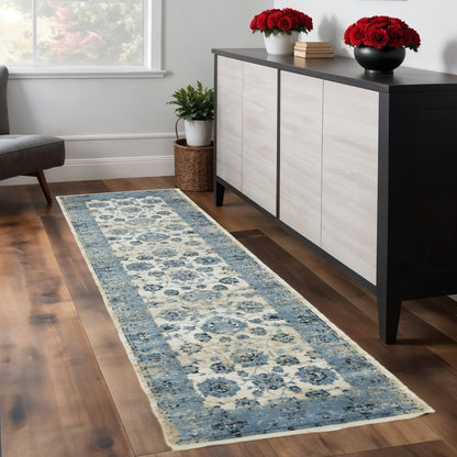 8' Ivory And Sky Blue Oriental Runner Rug