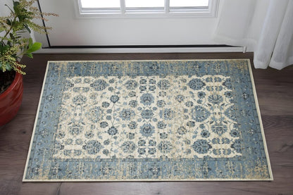 3' X 5' Ivory And Sky Blue Oriental Area Rug