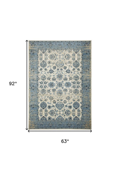 5' X 8' Ivory And Sky Blue Oriental Area Rug
