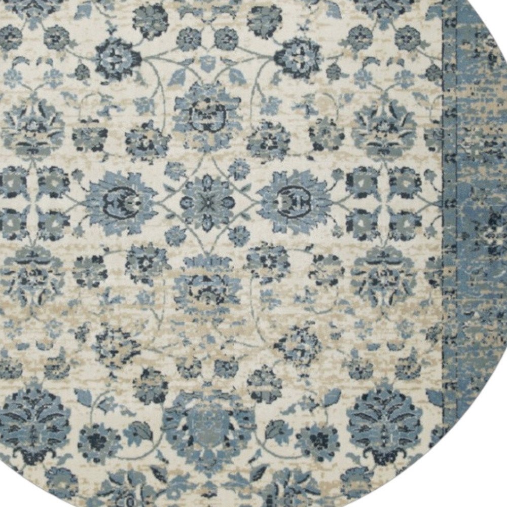 8' Ivory And Sky Blue Oriental Round Rug
