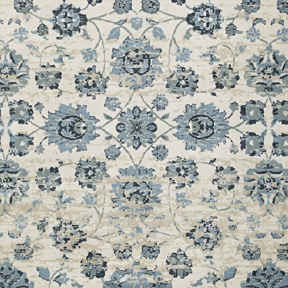 8' Ivory And Sky Blue Oriental Round Rug