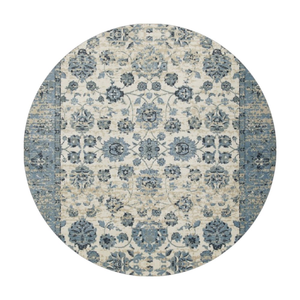 8' Ivory And Sky Blue Oriental Round Rug