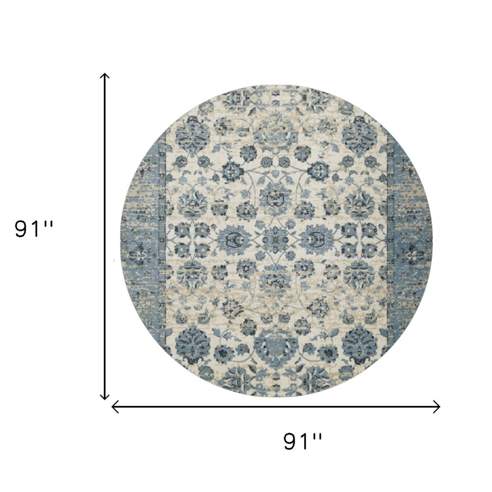 8' Ivory And Sky Blue Oriental Round Rug