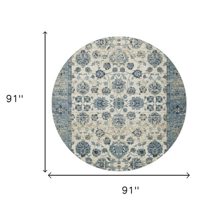 8' Ivory And Sky Blue Oriental Round Rug