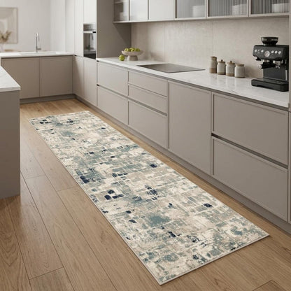 8' Blue And Beige Abstract Runner Rug