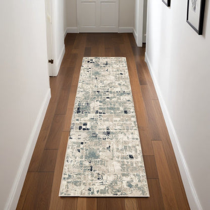 8' Blue And Beige Abstract Runner Rug