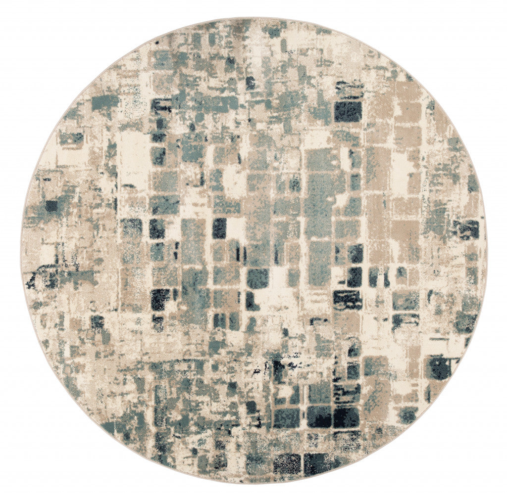 8' Blue and Beige Round Abstract Area Rug