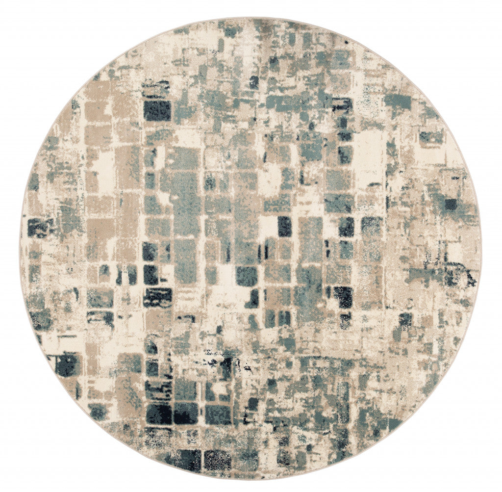 8' Blue and Beige Round Abstract Area Rug