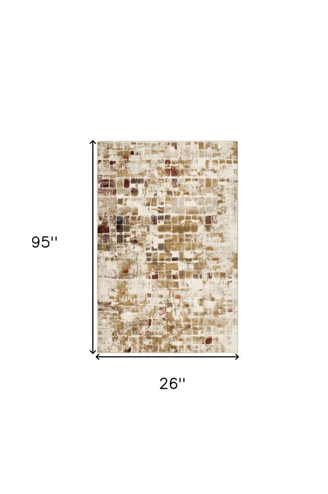 8' Natural And Brown Abstract Runner Rug