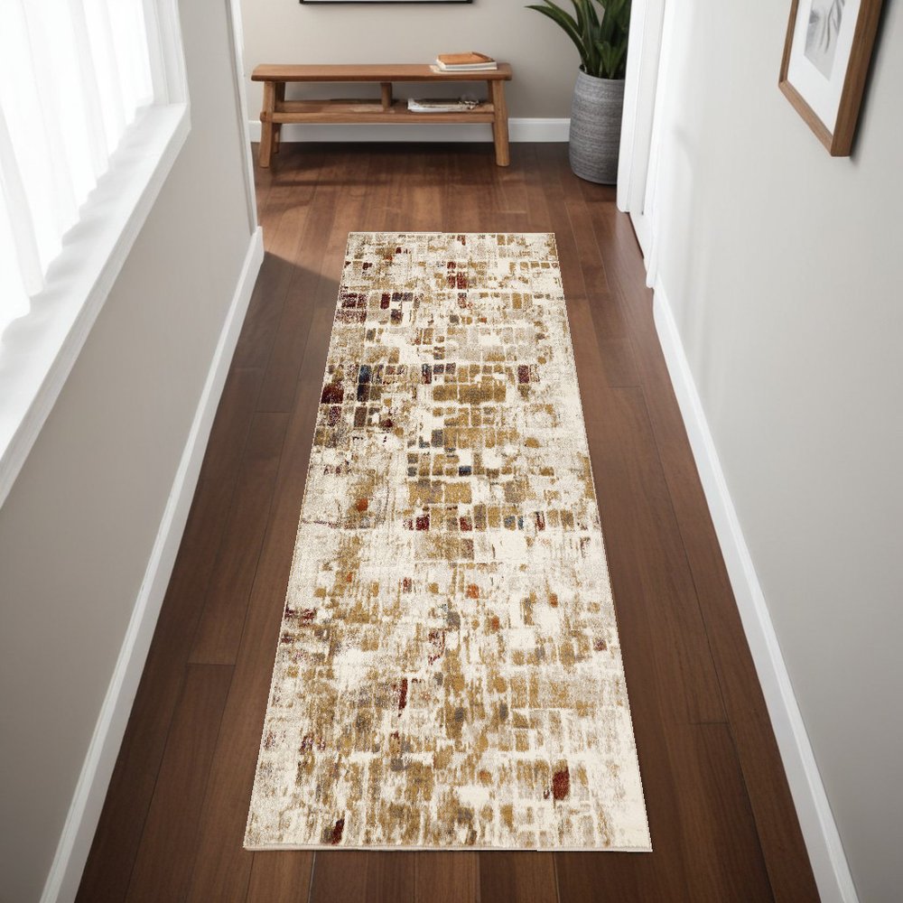 8' Natural And Brown Abstract Runner Rug
