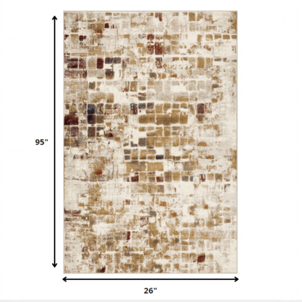 8' Natural And Brown Abstract Runner Rug