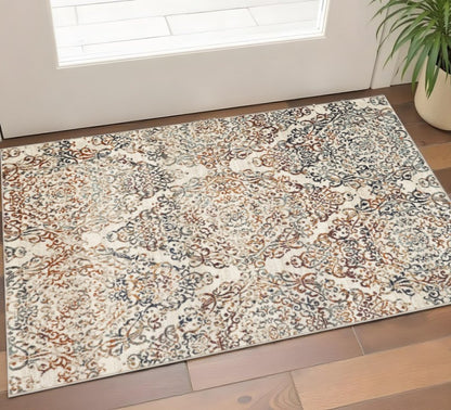 3' X 5' Ivory Rust And Green Oriental Area Rug