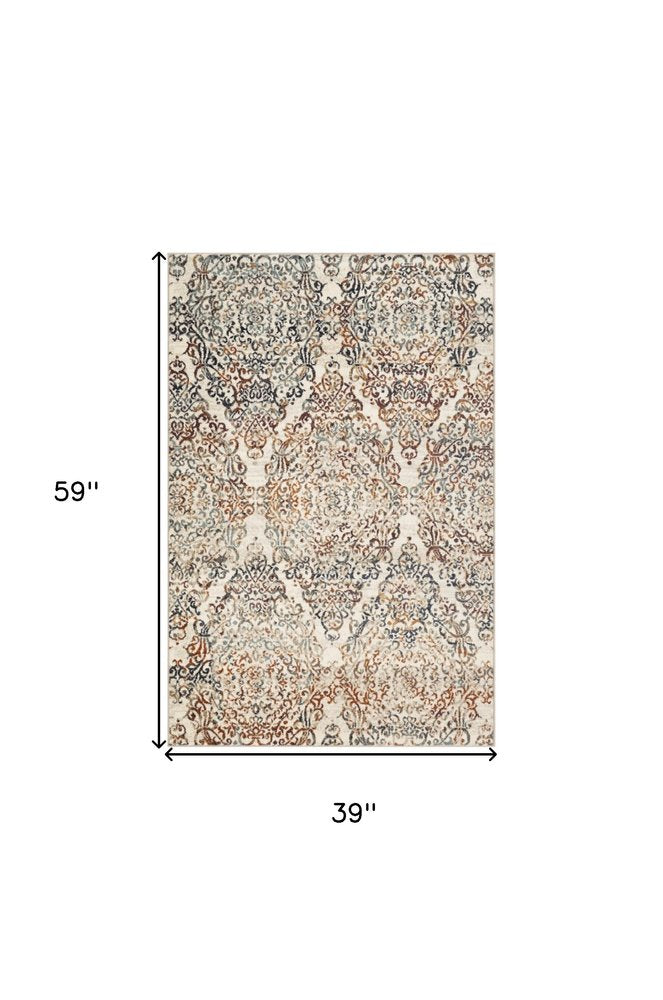 3' X 5' Ivory Rust And Green Oriental Area Rug