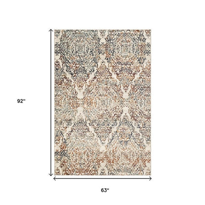 5' X 8' Ivory Rust And Green Oriental Area Rug