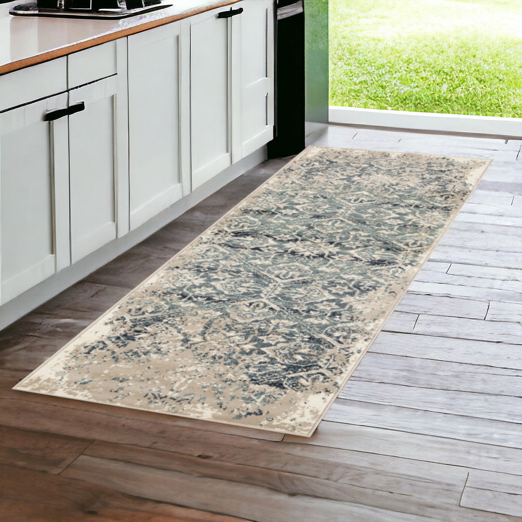 8' Runner Ivory and Blue Oriental Runner Rug