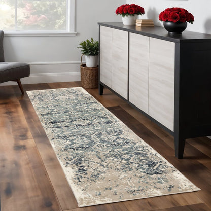 8' Ivory And Blue Oriental Runner Rug