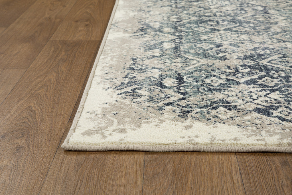 8' Runner Ivory and Blue Oriental Runner Rug