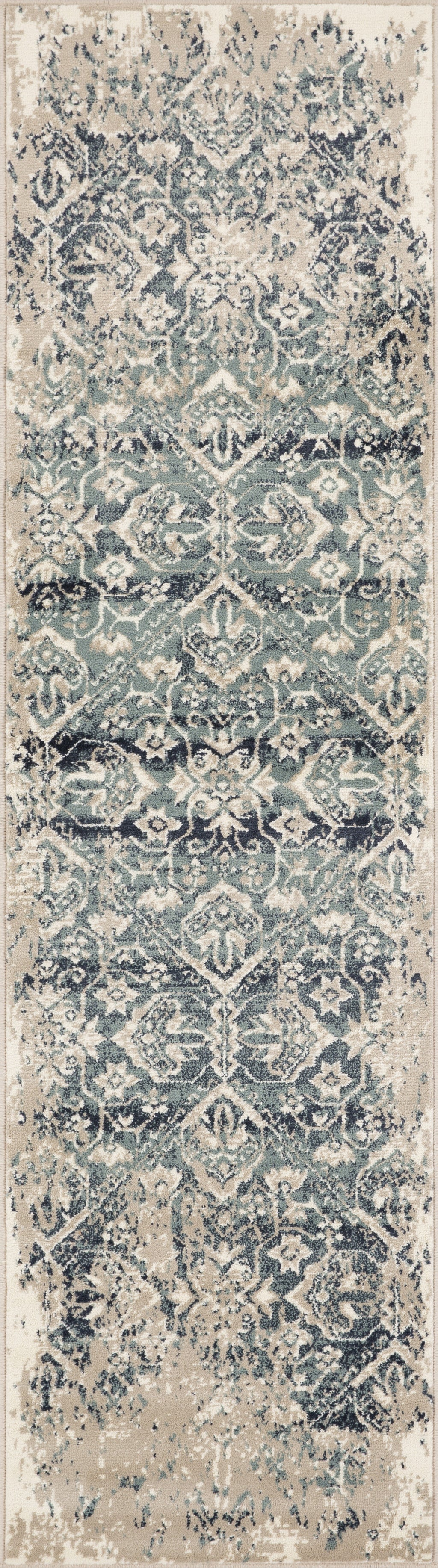 8' Runner Ivory and Blue Oriental Runner Rug