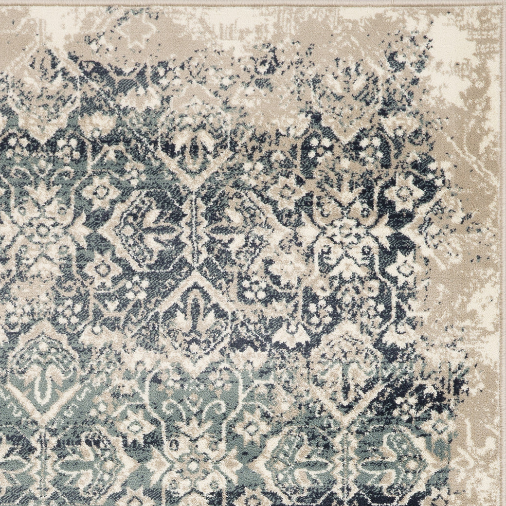 8' Runner Ivory and Blue Oriental Runner Rug