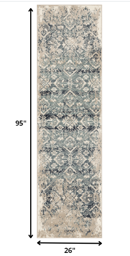 8' Runner Ivory and Blue Oriental Runner Rug