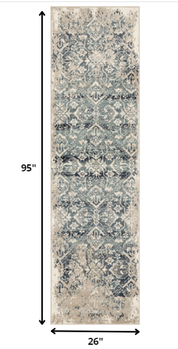 8' Ivory And Blue Oriental Runner Rug