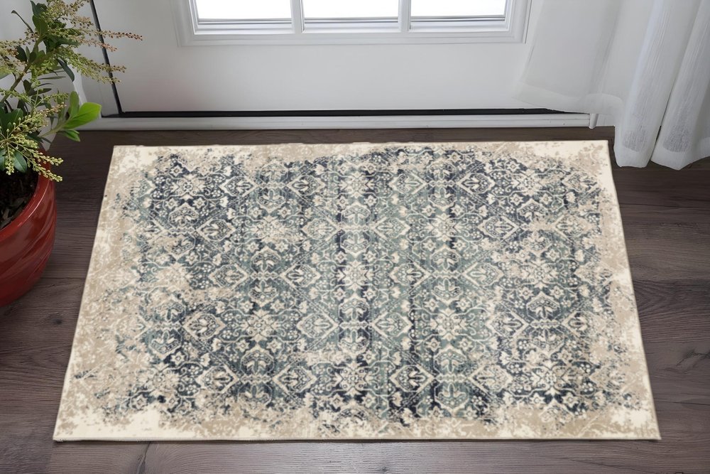 3' X 5' Ivory and Blue Oriental Area Rug