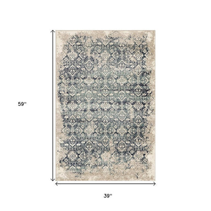3' X 5' Ivory and Blue Oriental Area Rug