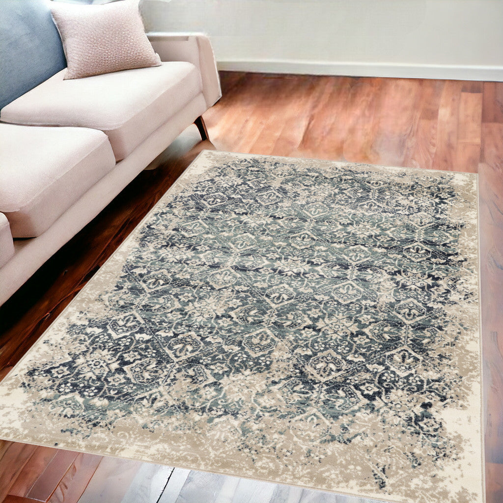 5' X 8' Ivory and Blue Oriental Area Rug