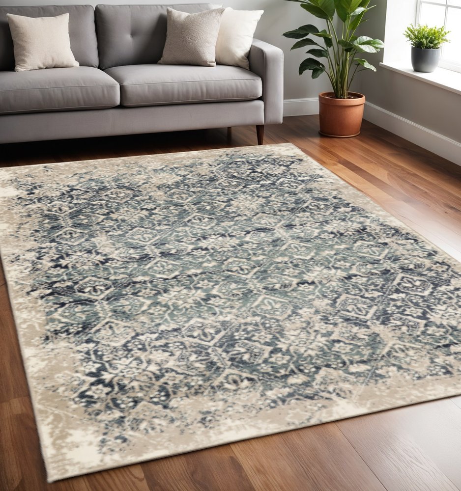 5' X 8' Ivory and Blue Oriental Area Rug
