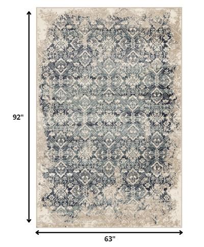 5' X 8' Ivory and Blue Oriental Area Rug