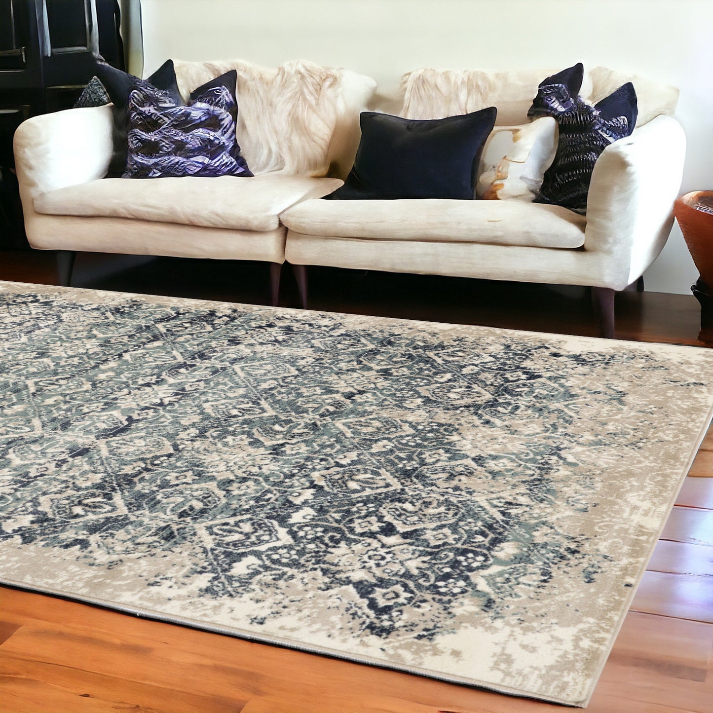 8' X 11' Ivory and Blue Oriental Area Rug