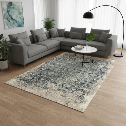 8' X 11' Ivory and Blue Oriental Area Rug